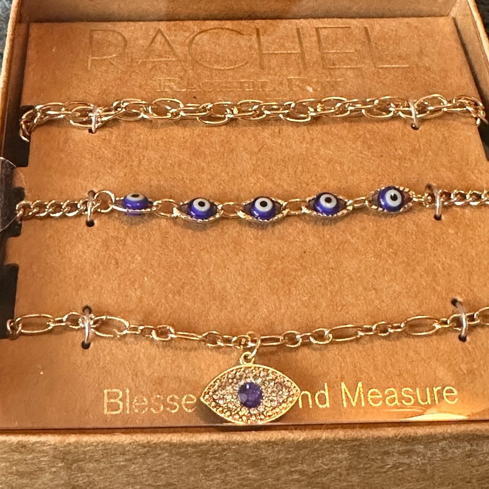 RACHEL ROY Evil Eye Blue Gold 9" Chain Anklet Bracelet Set